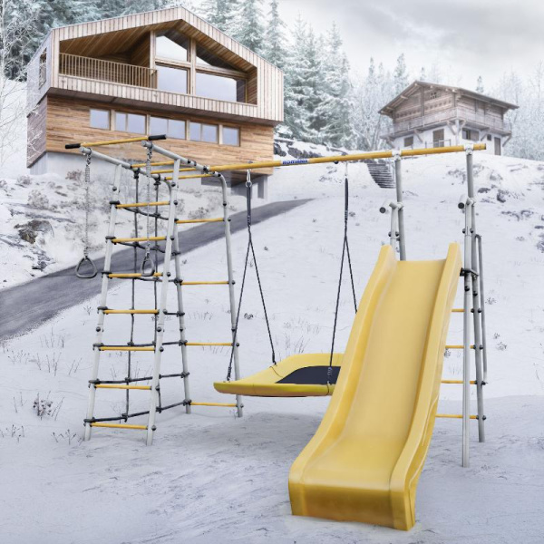 Детский спортивный комплекс для дачи ROMANA Богатырь MAX (Цвет серый/желтый | Качели Лодка)