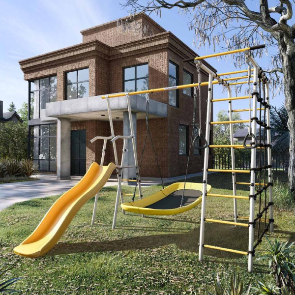 Детский спортивный комплекс для дачи ROMANA Богатырь (Цвет серый/желтый | Качели Лодка)