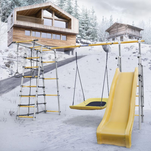 Детский спортивный комплекс для дачи ROMANA Богатырь Плюс 2 MAX (Цвет серый/желтый | Качели Лодка)