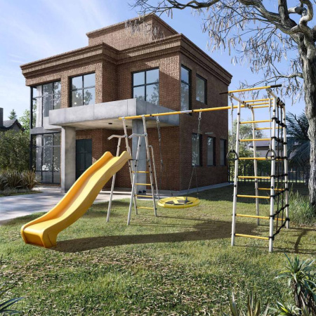 Детский спортивный комплекс для дачи ROMANA Богатырь Плюс 2 MAX (Цвет серый/желтый | Качели Гнездо)