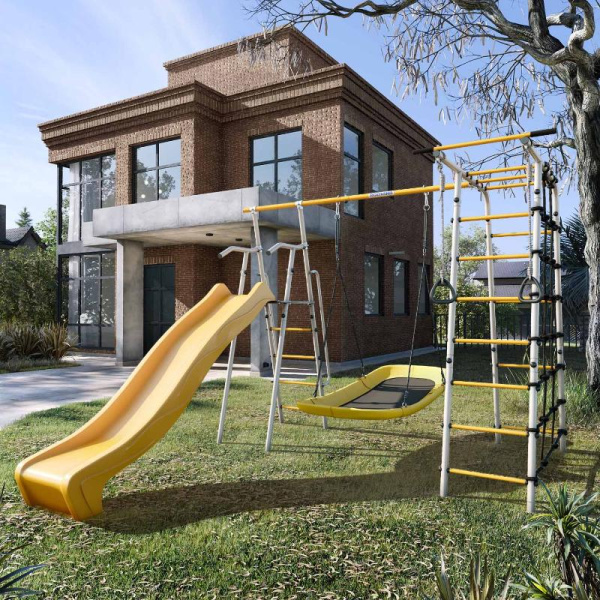 Детский спортивный комплекс для дачи ROMANA Богатырь MAX (Цвет серый/желтый | Качели Лодка)