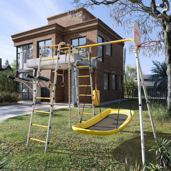 Детский спортивный комплекс для дачи ROMANA Fitness (Цвет  серый/желтый | Качели  Лодка)