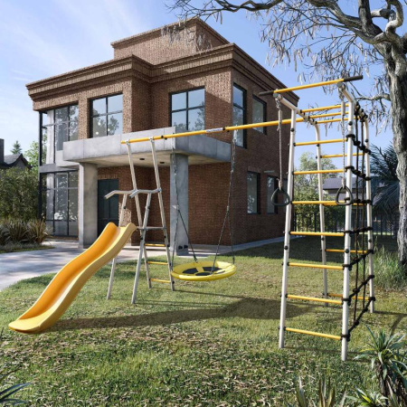 Детский спортивный комплекс для дачи ROMANA Богатырь Плюс 2 NEW (серый/желтый | Качели Гнездо)