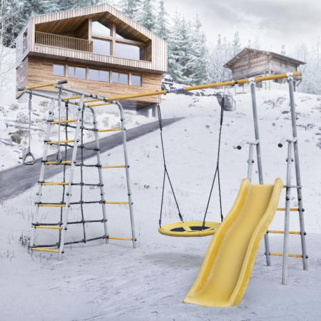 Детский спортивный комплекс для дачи ROMANA Богатырь Плюс 2 NEW (серый/желтый | Качели Гнездо)
