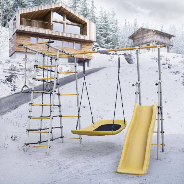 Детский спортивный комплекс для дачи ROMANA Богатырь (Цвет серый/желтый | Качели Лодка)