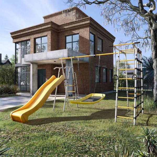 Детский спортивный комплекс для дачи ROMANA Богатырь Плюс 2 MAX (Цвет серый/желтый | Качели Лодка)