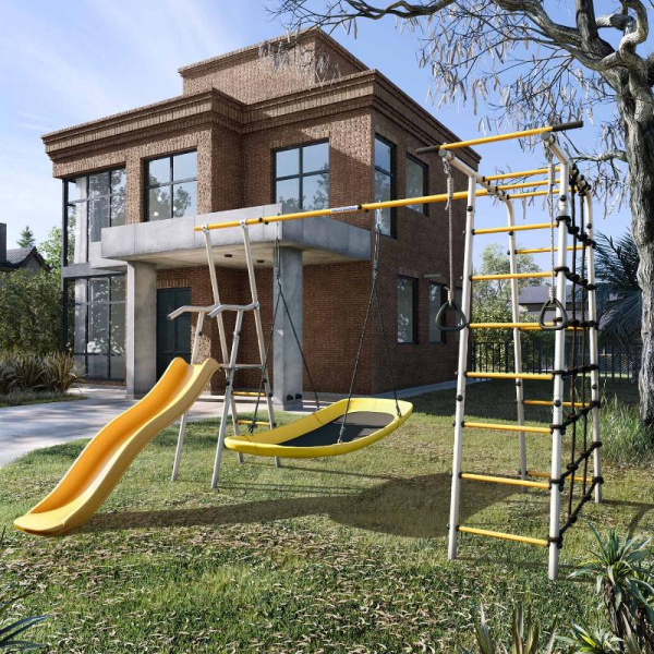 Детский спортивный комплекс для дачи ROMANA Богатырь Плюс 2 NEW (серый/желтый | Качели Лодка)